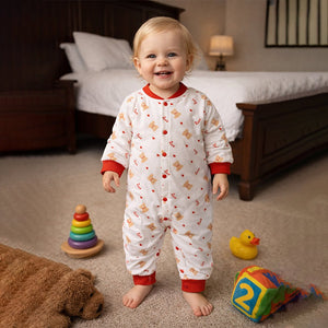 Red Candy Cane and Bear, Full Sleeves Jumpsuit Romper for Tiny Toddlers - 6 - 12 Months Kids Clothing