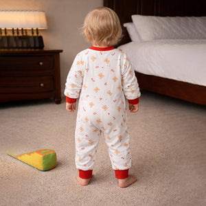 Red Candy Cane and Bear, Full Sleeves Jumpsuit Romper for Tiny Toddlers - 6 - 12 Months Kids Clothing
