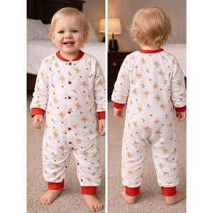 Red Candy Cane and Bear, Full Sleeves Jumpsuit Romper for Tiny Toddlers - 6 - 12 Months Kids Clothing