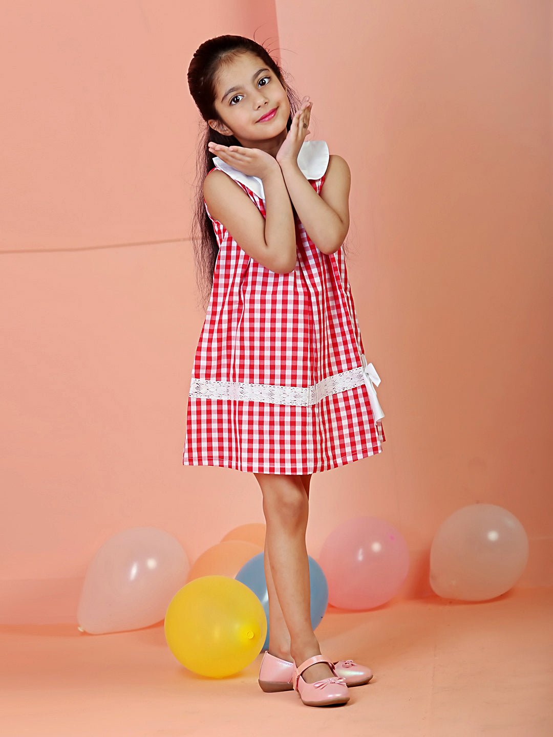 Red Checkered  Girls Casual Dress