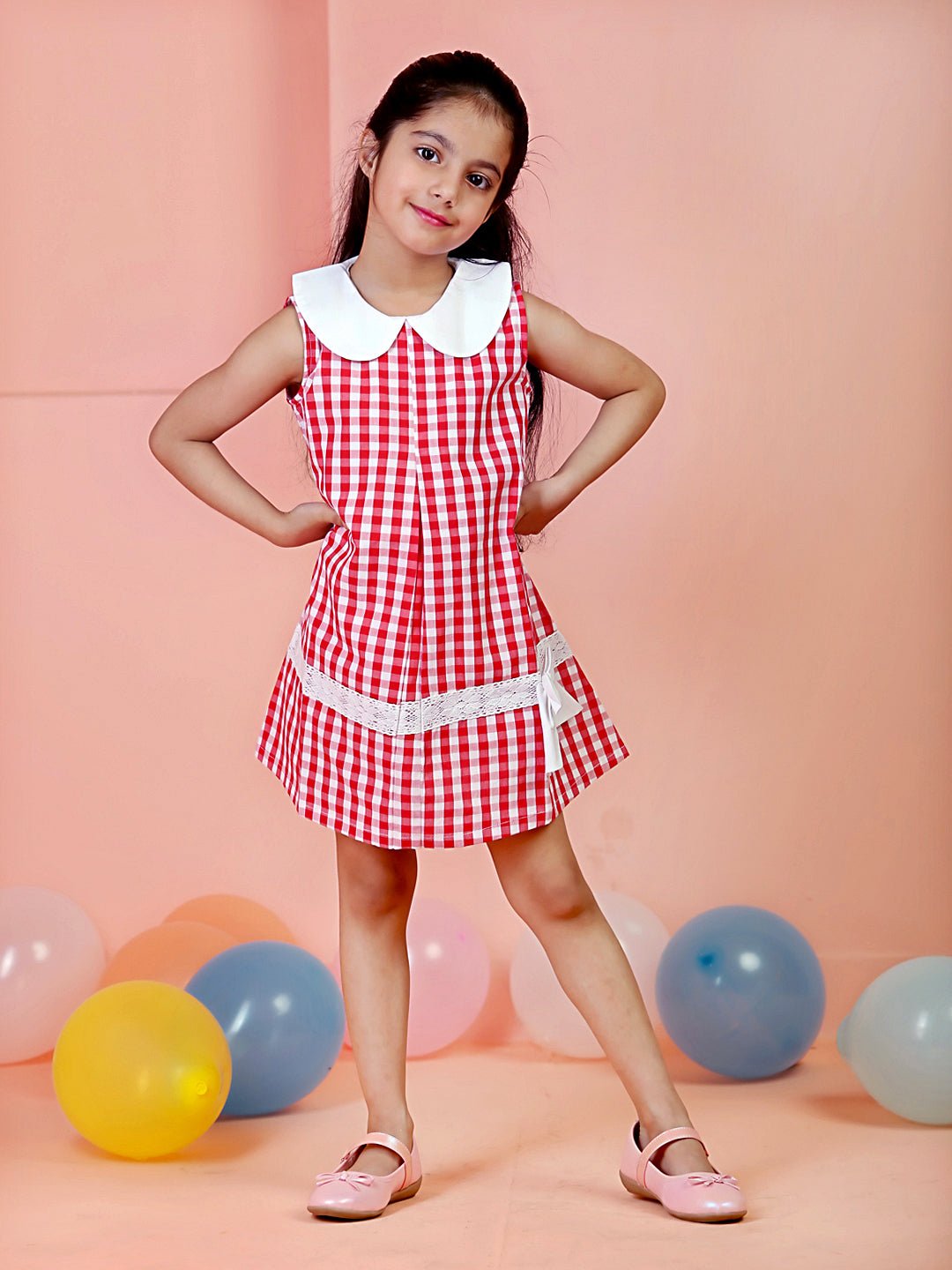 Red Checkered  Girls Casual Dress