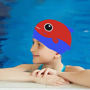 Red Fin Dual Color , Silicone Kids Swim Cap, 5 years - 15 years - 5 - 10 years Swim