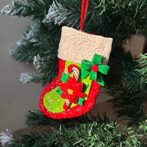 Red Handmade Clay Christmas Stocking Shape, Tree Ornament - Little Surprise BoxRed Handmade Clay Christmas Stocking Shape, Tree Ornament