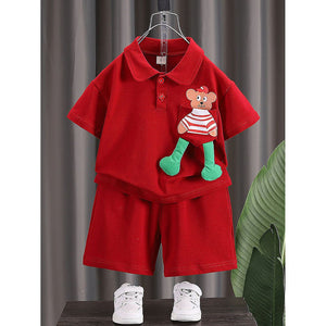 Red Long Legs Teddy 2 Pcs Shorts Set For Toddlers And Kids - 2 - 3 Years Kids Clothing