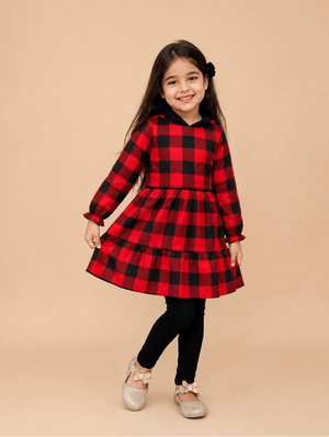 Red Plaid Flannel Girls Winter Dress - 6-12 Months Girls Winter Dresses