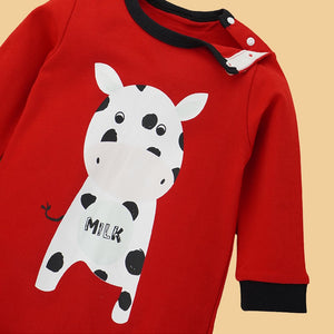 Red Romper with White Cow Print, 2 - 3 years Unisex Kids Wear - Kids Clothing