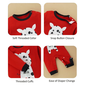 Red Romper with White Cow Print, 2 - 3 years Unisex Kids Wear - Kids Clothing