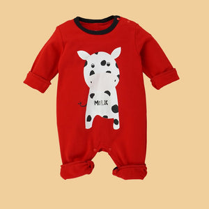 Red Romper with White Cow Print, 2 - 3 years Unisex Kids Wear - Kids Clothing