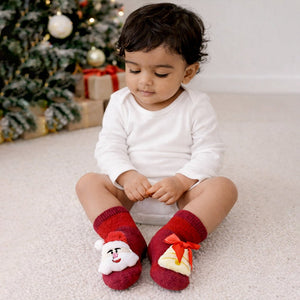 Red Santa & Bell Christmas Themed Ankle Length Socks For Kids - 0 - 6 Months Christmas