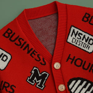 Red Smiley Print Button Down Winter Cardigan, Winter Cardigan Sweater for Kids - 1 - 2 Years Winter Wear