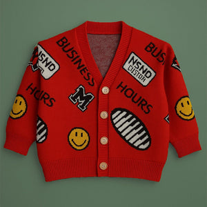 Red Smiley Print Button Down Winter Cardigan, Winter Cardigan Sweater for Kids - 1 - 2 Years Winter Wear