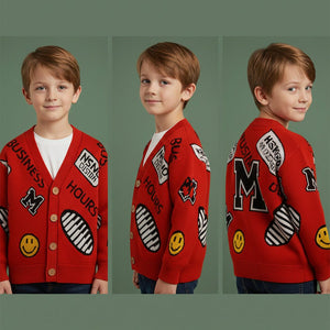 Red Smiley Print Button Down Winter Cardigan, Winter Cardigan Sweater for Kids - 1 - 2 Years Winter Wear