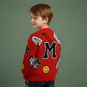 Red Smiley Print Button Down Winter Cardigan, Winter Cardigan Sweater for Kids - 1 - 2 Years Winter Wear