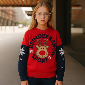 Red Sport Reindeer with Blue Sleeves Warmer Cardigan & Christmas Sweater for toddlers & Kids - 3 Years Winter Wear