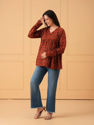 Red Terra Maternity Short Kurti - S Maternity and Nursing Tops