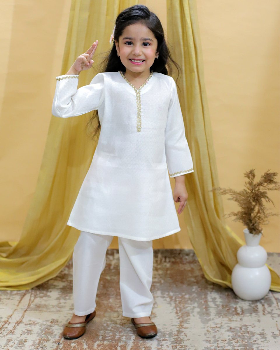 Regal White Girls Kurta Pajama - KES-BK-RGWG-6-12