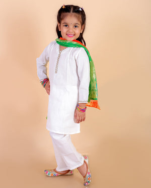 Regal White Girls Kurta Pajama with Dupatta - 0-6 Months Girls Ethnic Set