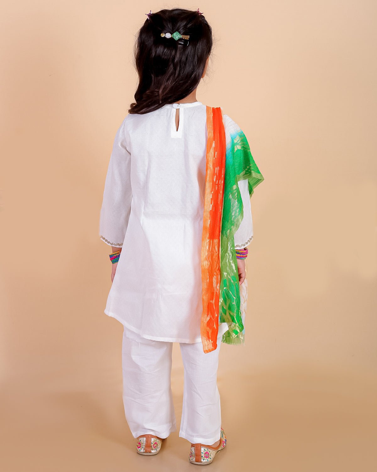 Regal White Girls Kurta Pajama with Tiranga Dupatta - 0 - 6 Months Girls Ethnic Set