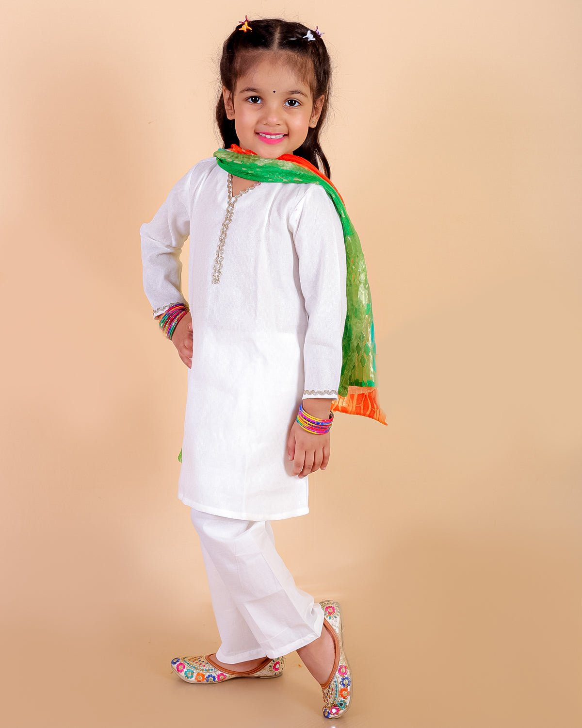 Regal White Girls Kurta Pajama with Tiranga Dupatta - 0 - 6 Months Girls Ethnic Set