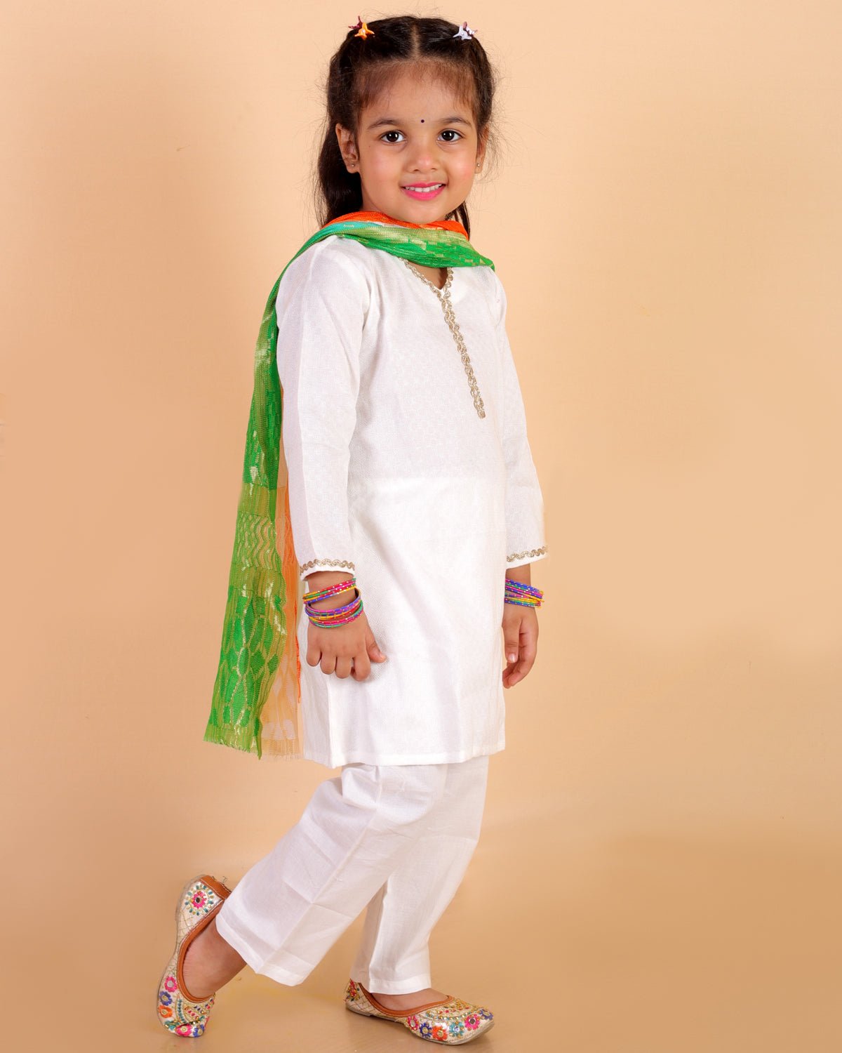 Regal White Girls Kurta Pajama with Tiranga Dupatta - 0 - 6 Months Girls Ethnic Set