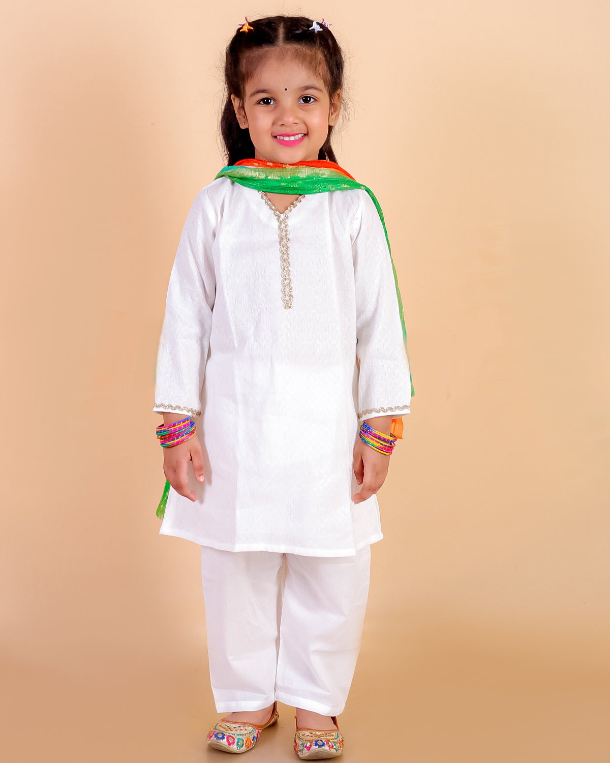 Regal White Girls Kurta Pajama with Tiranga Dupatta - 0 - 6 Months Girls Ethnic Set
