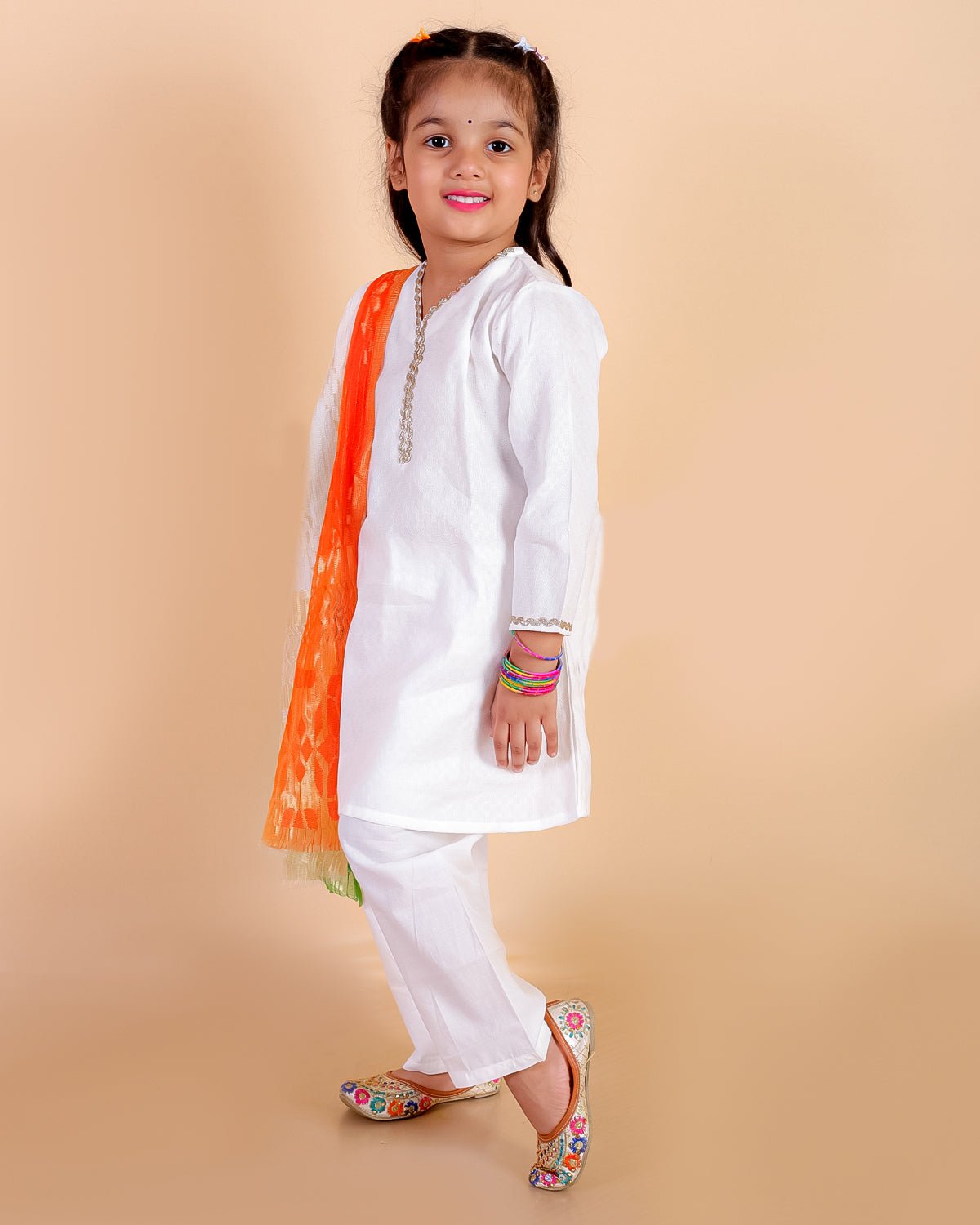 Regal White Girls Kurta Pajama with Tiranga Dupatta - 0 - 6 Months Girls Ethnic Set