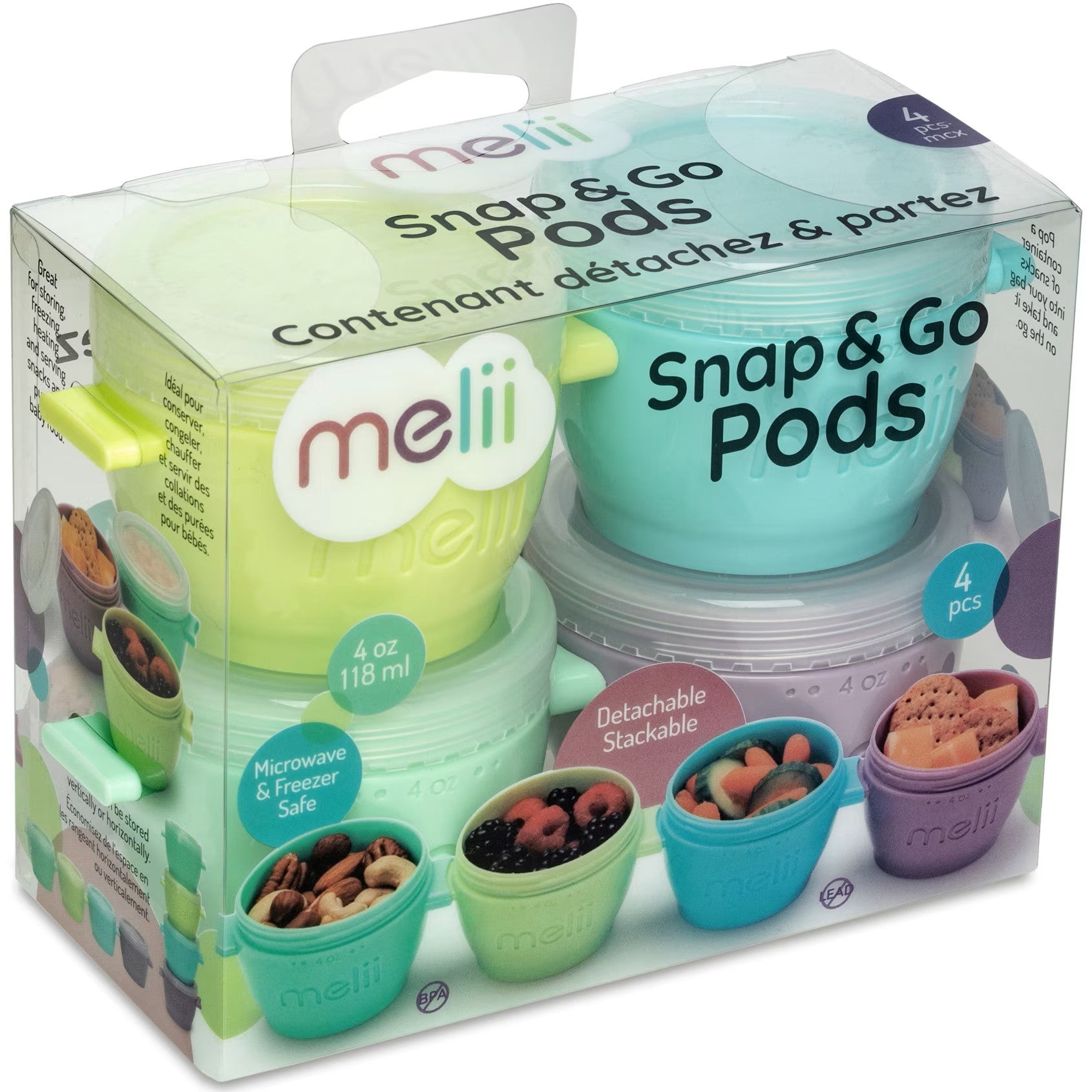 Melii Silicone Snap & Go Pods (4oz)- 4 piece set Multicolor