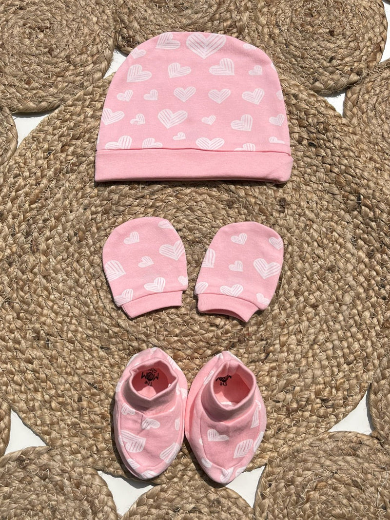 Rosy Hearts - Mittens, Booties and Cap set