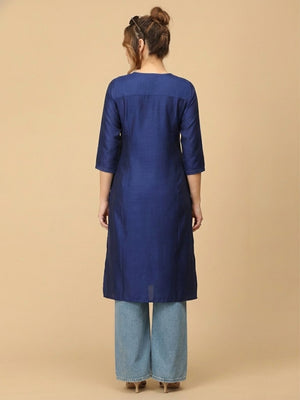 Royal Blue Embroidered Maternity And Nursing Silk Kurta - S Maternity Ethnic Wear
