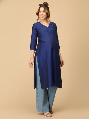 Royal Blue Embroidered Maternity And Nursing Silk Kurta - S Maternity Ethnic Wear