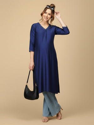 Royal Blue Embroidered Maternity And Nursing Silk Kurta - S Maternity Ethnic Wear