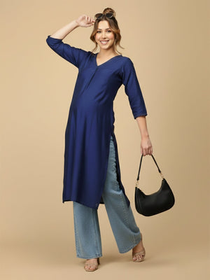 Royal Blue Embroidered Maternity And Nursing Silk Kurta - S Maternity Ethnic Wear