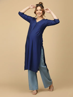 Royal Blue Embroidered Maternity And Nursing Silk Kurta - S Maternity Ethnic Wear