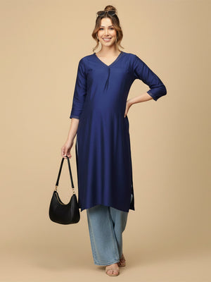 Royal Blue Embroidered Maternity And Nursing Silk Kurta - S Maternity Ethnic Wear