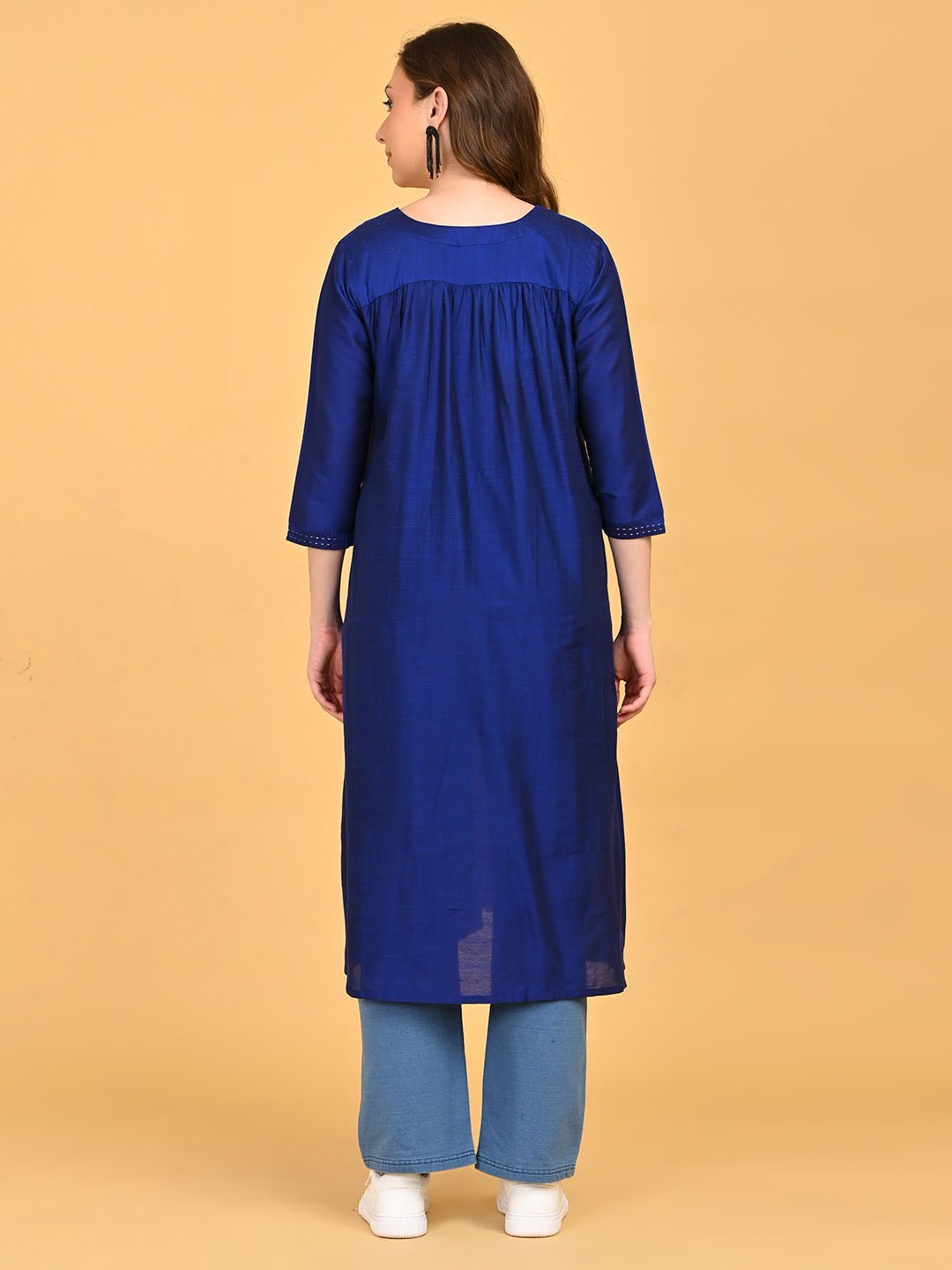 Back view of royal blue maternity and nursing silk kurta with gathered yoke detail and three-quarter sleeves.