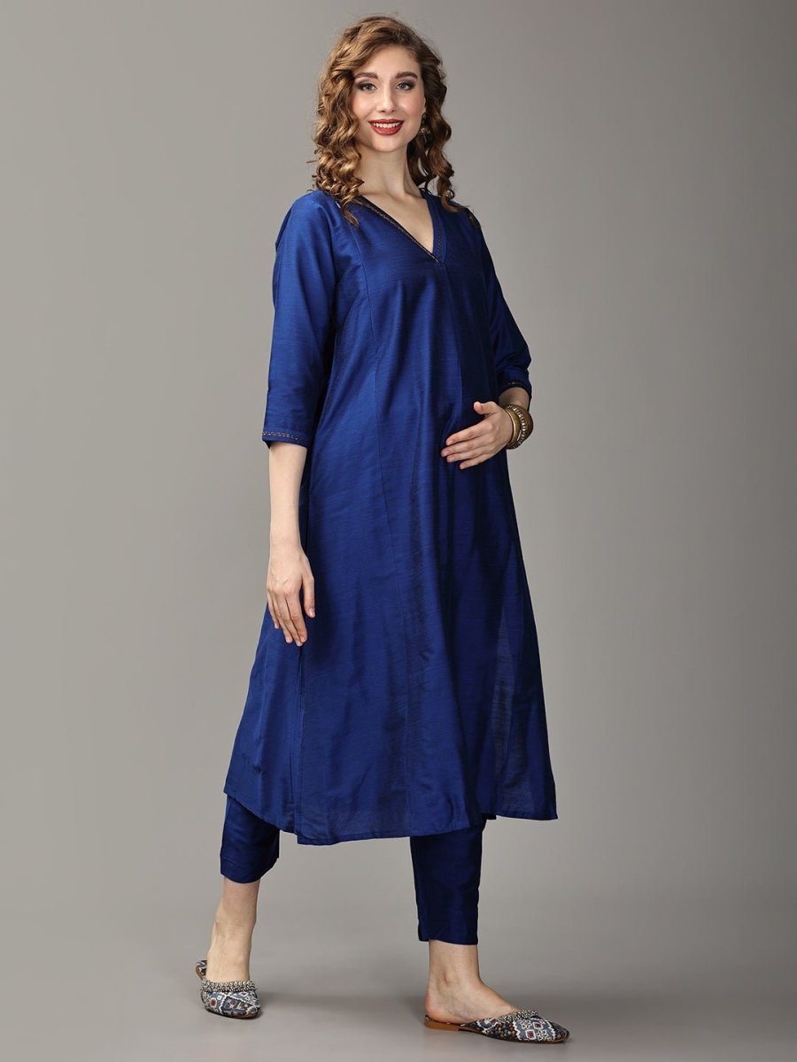 Royal Cosmic Embroidered Maternity And Nursing Silk Kurta Set With Dupatta - MEW - SK - ROYCS - S