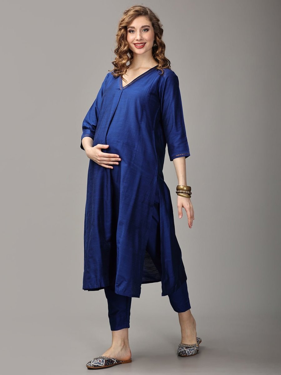 Royal Cosmic Embroidered Maternity And Nursing Silk Kurta Set With Dupatta - MEW - SK - ROYCS - S