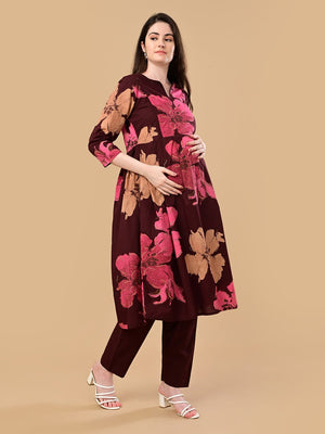 Royal Garnet Maternity and Nursing Kurta Set With Dupatta - S Maternity Ethnic Set