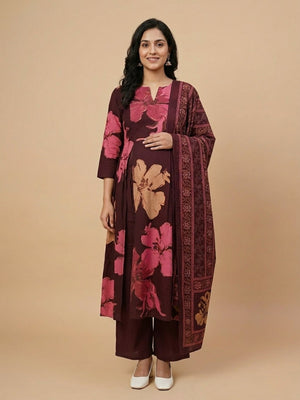 Royal Garnet Maternity and Nursing Kurta Set With Dupatta - S Maternity Ethnic Set