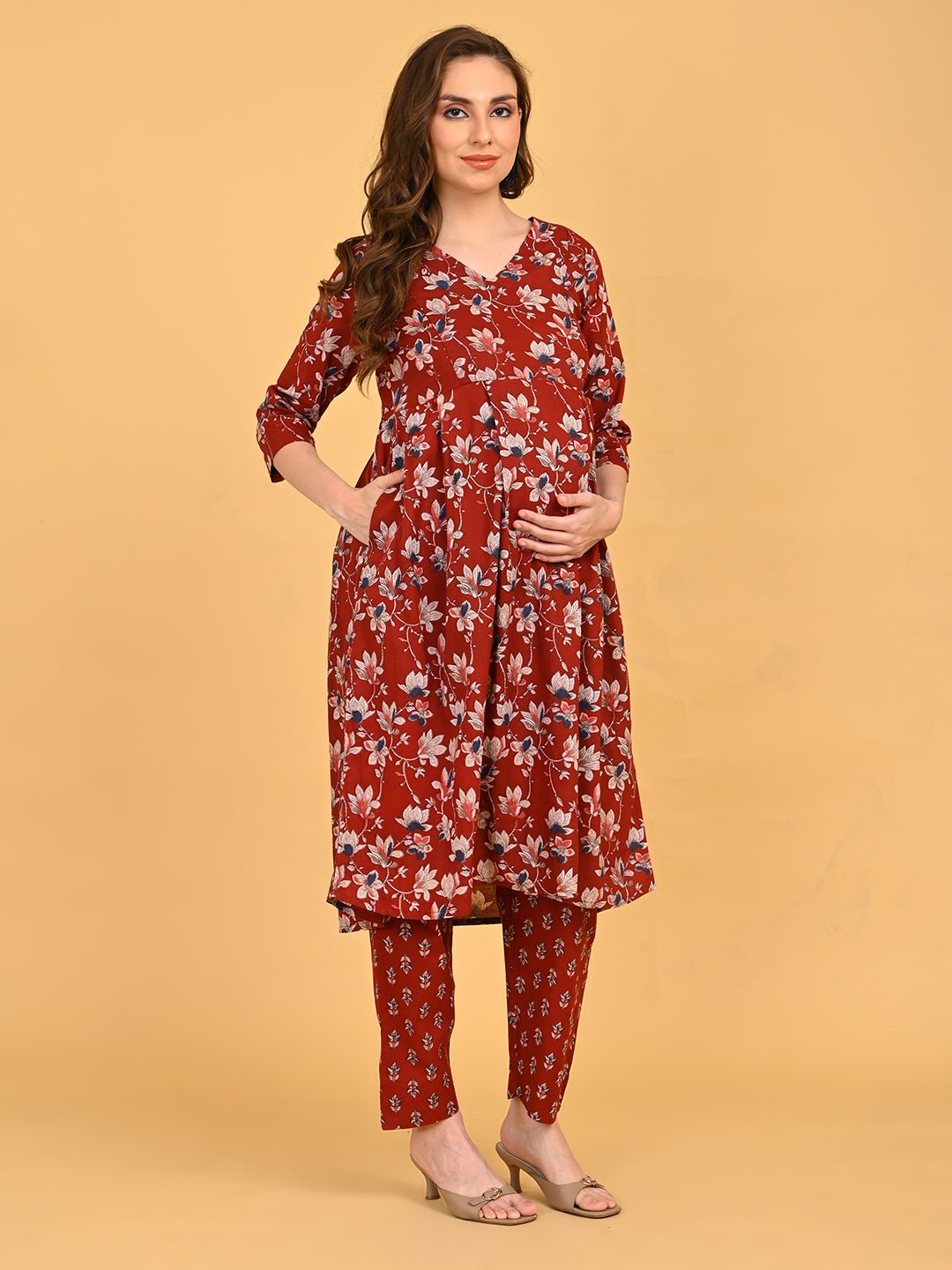 Side view of Ruhani Maroon Maternity and Nursing Kurta Set With Dupatta showing bump-friendly silhouette.