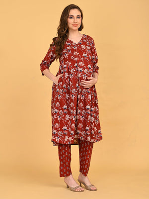 Side view of Ruhani Maroon Maternity and Nursing Kurta Set With Dupatta showing bump-friendly silhouette.