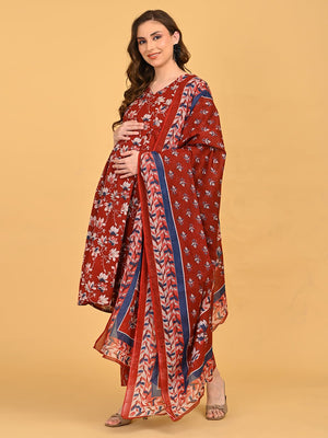 Full front view of Ruhani Maroon Maternity and Nursing Kurta Set With Dupatta showing floral print and three-quarter sleeves.