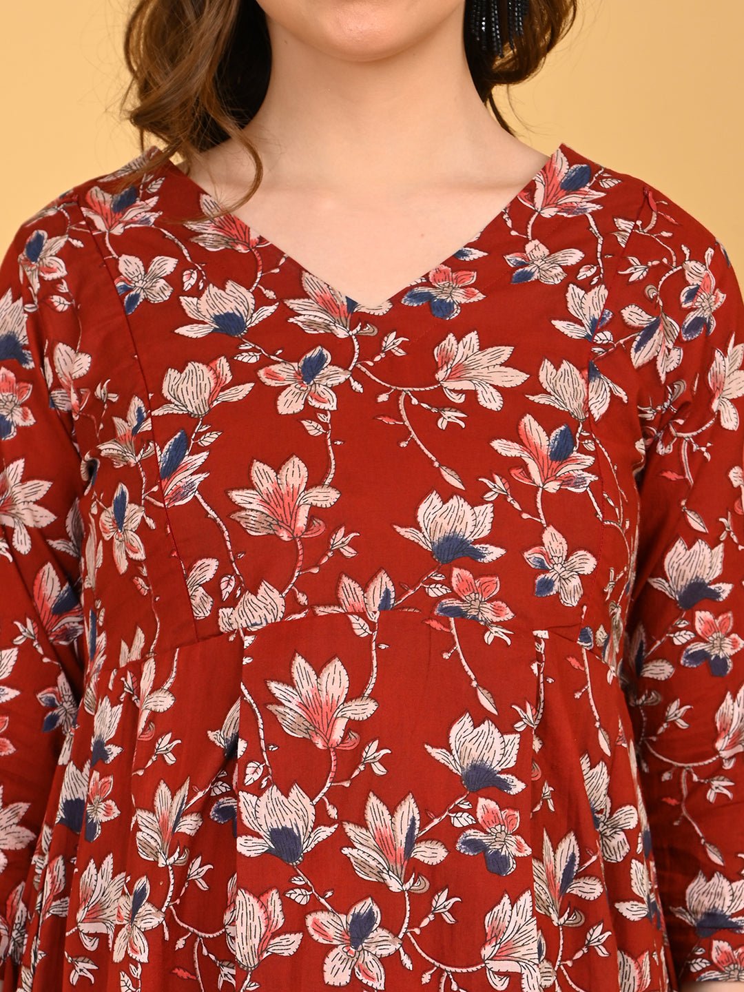 Close-up of Ruhani Maroon Maternity and Nursing Kurta Set With Dupatta featuring V-neckline and floral print.
