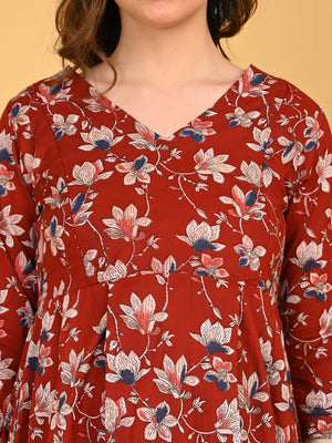 Close-up of Ruhani Maroon Maternity and Nursing Kurta Set With Dupatta featuring V-neckline and floral print.
