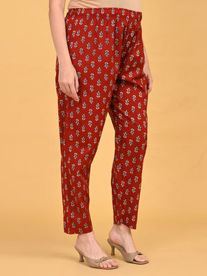 Printed straight-fit pants from Ruhani Maroon Maternity and Nursing Kurta Set With Dupatta with elastic waistband.