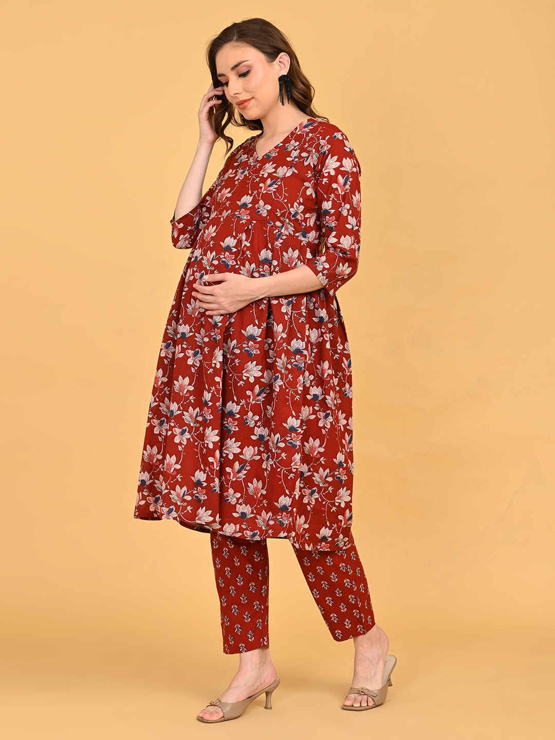 Ruhani Maroon Maternity and Nursing Kurta Set