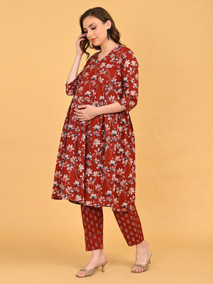 Ruhani Maroon Maternity and Nursing Kurta Set