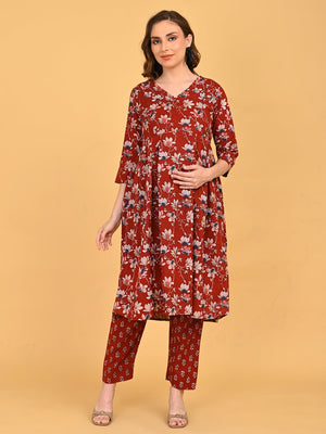 Front portrait of Ruhani Maroon Maternity and Nursing Kurta Set