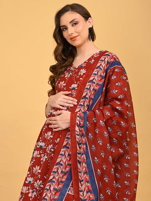 Ruhani Maroon Maternity and Nursing Kurta Set With Dupatta styled with matching printed dupatta in seated pose.