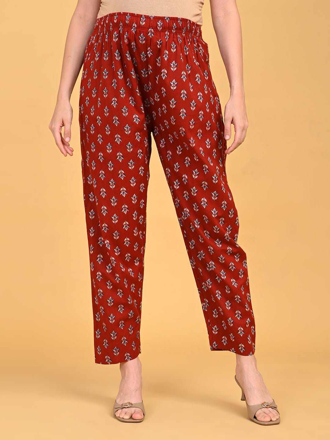 Printed straight-fit pants from Ruhani Maroon Maternity and Nursing Kurta Set With Dupatta with elastic waistband.